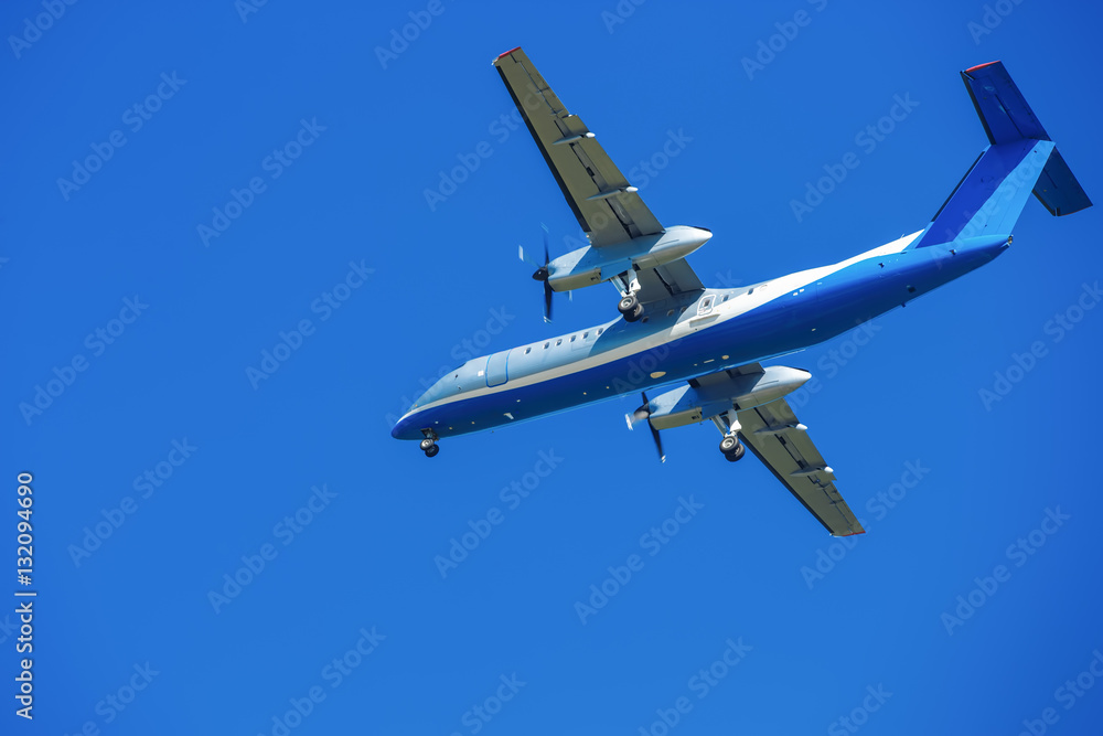 Obraz premium wide-body plane is flying in blue sky