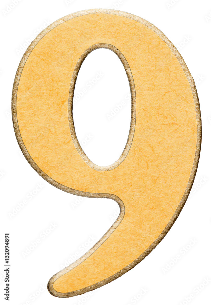 9, nine, numeral of wood combined with yellow insert, isolated o 9, nine, numeral of wood combined with yellow insert, isolated o