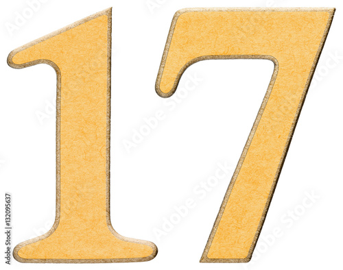 17, seventeen, numeral of wood combined with yellow insert, isol