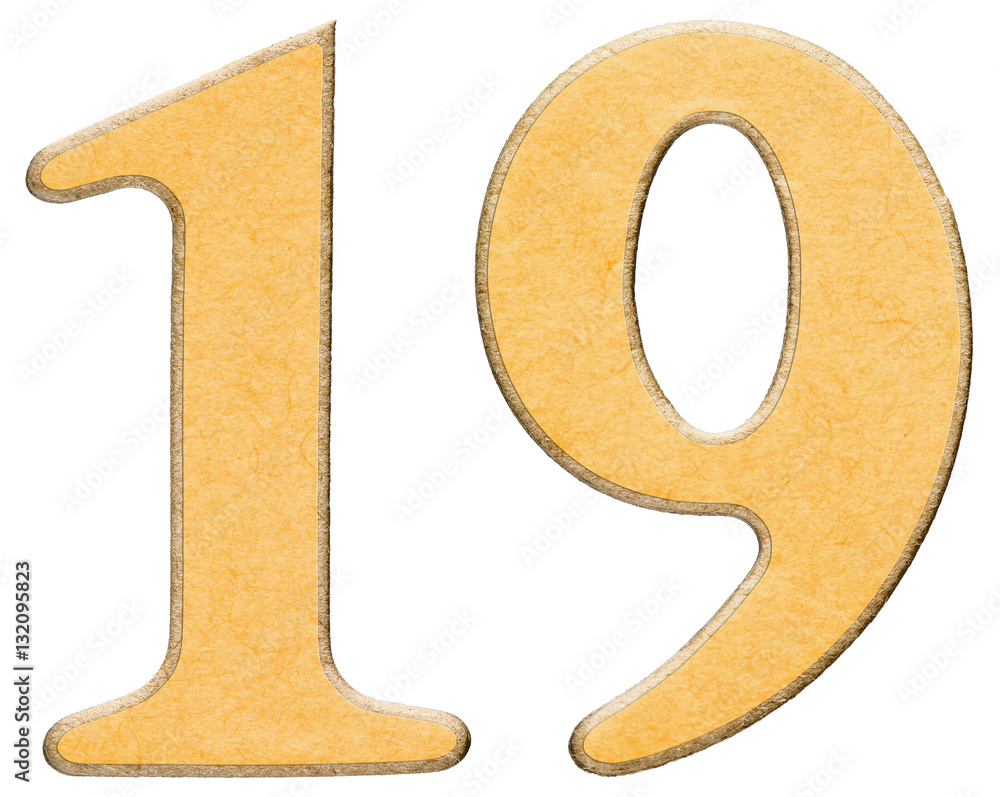19, numeral of wood combined with yellow insert, isola Stock