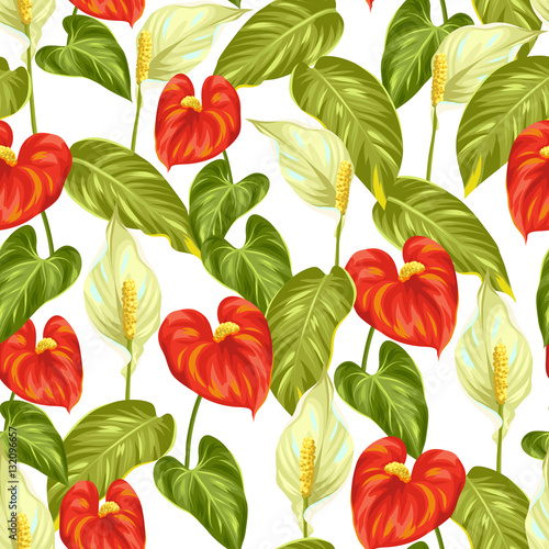 Fototapeta Naklejka Na Ścianę i Meble -  Seamless pattern with flowers spathiphyllum and anthurium