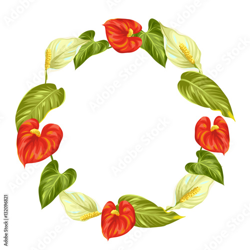 Fototapeta Naklejka Na Ścianę i Meble -  Decorative frame with flowers spathiphyllum and anthurium