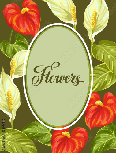 Fototapeta Naklejka Na Ścianę i Meble -  Decorative frame with flowers spathiphyllum and anthurium