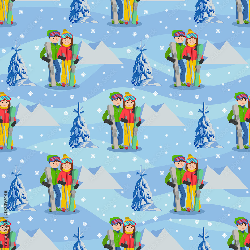 Vector illustration of couple young people man and woman in a flat design on mountain background. Seamless pattern.