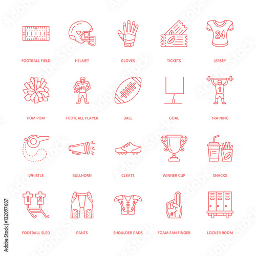 Vector line icons of american football game. Elements - ball  field  player  helmet  bullhorn. Linear signs set  football championship pictogram with editable stroke for sport event  fan store