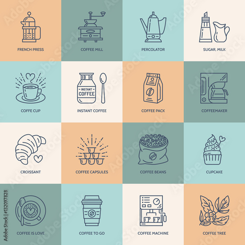 Coffee making equipment vector line icons. Elements - french press, grinder, espresso, cup, beans, croissant, coffee tree. Linear pictogram with editable stroke for restaurant menu.