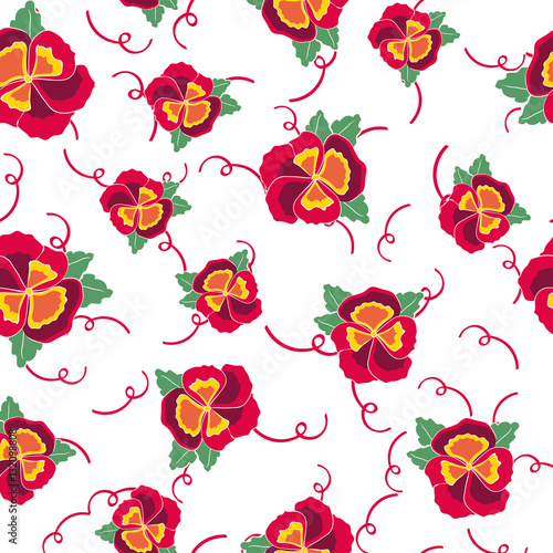Vector seamless background with colorful pansy, leafs, hydrangea flowers. Pattern  ribbon for flower shop, wedding design, fabric or paper