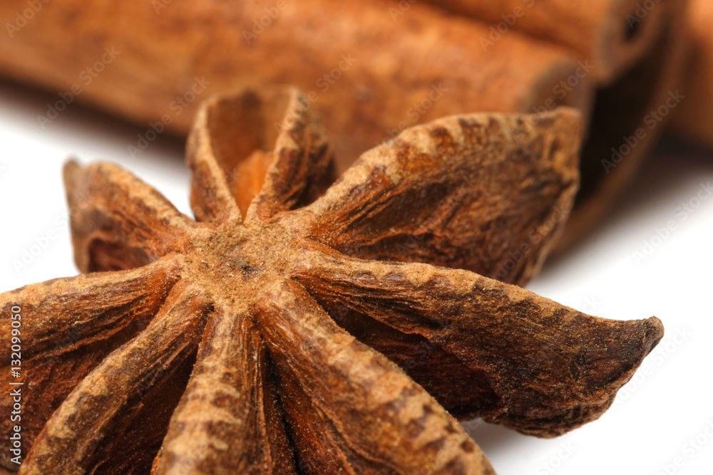star anise spice with cinnamon stick in the background on white star anise spice with cinnamon stick in the background on white