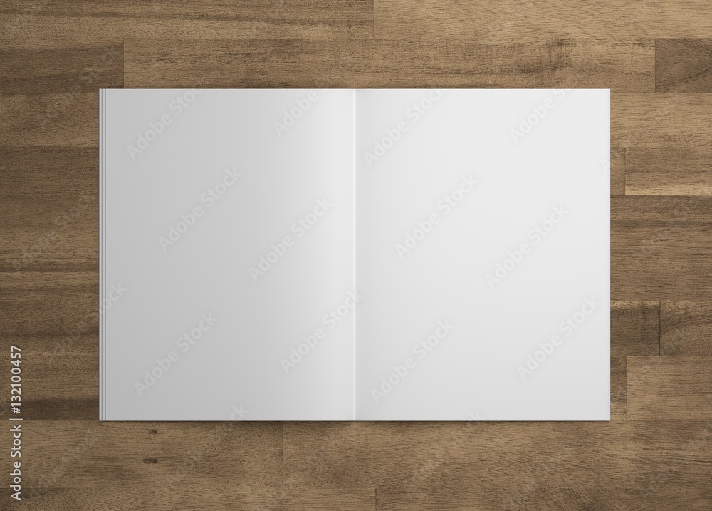 Blank 3D illustration opened magazine mock-up on wood. Blank 3D illustration opened magazine mock-up on wood.