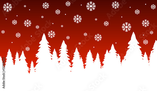 Minimal winter vector. Stylized pine tree forest covered in snow, snow flakes falling on vivid red sky in winter scenery