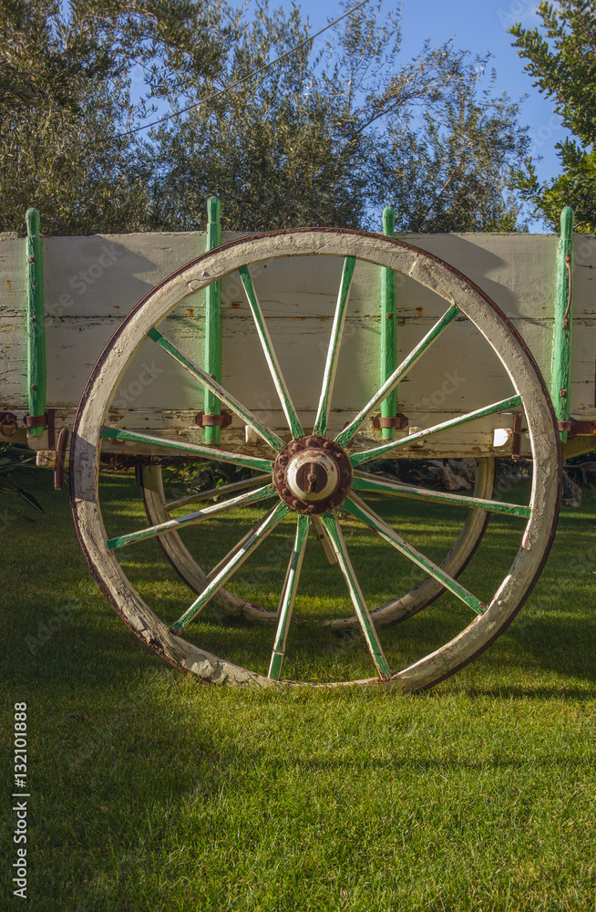 Wooden cart with iron wheels in a field.Italy,Apulia.