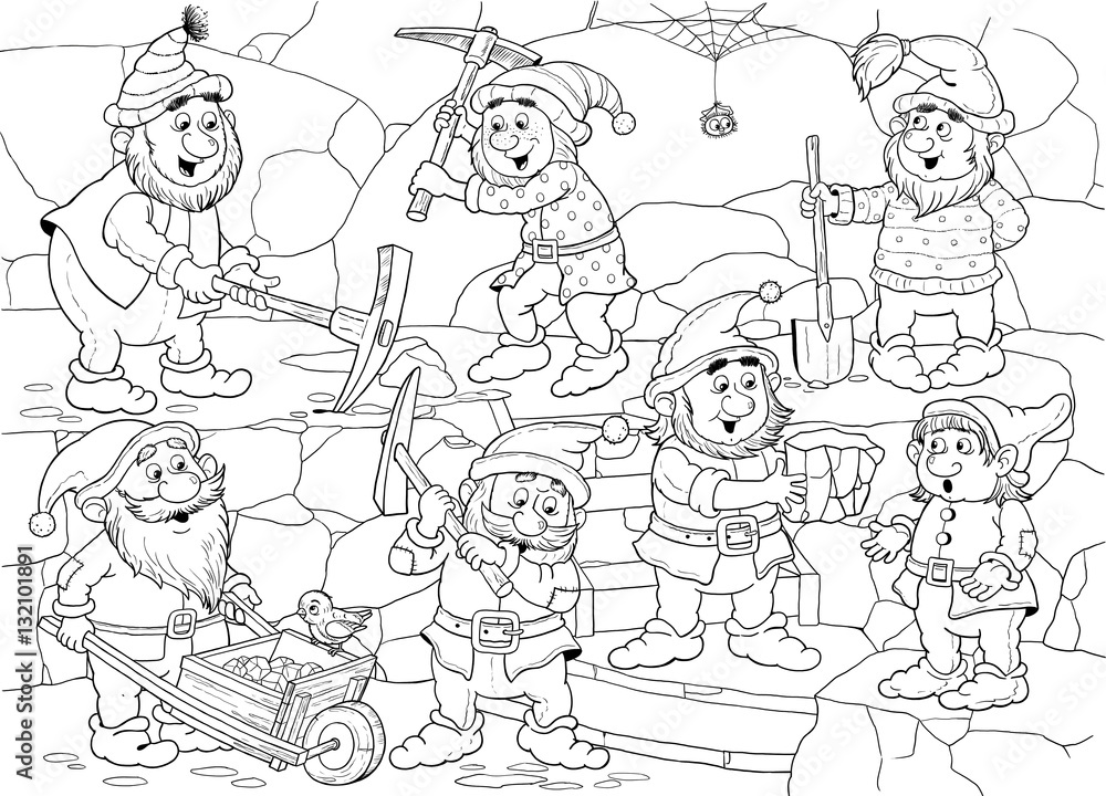 The Snow White and seven dwarfs. Fairy tale. Coloring page. Cute and