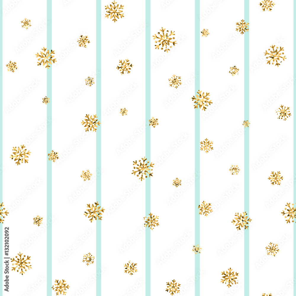 Christmas gold snowflake seamless pattern. Golden glitter snowflakes on blue white lines background. Winter snow texture design wallpaper Symbol holiday, New Year celebration Vector illustration Christmas gold snowflake seamless pattern. Golden glitter snowflakes on blue white lines background. Winter snow texture design wallpaper Symbol holiday, New Year celebration Vector illustration