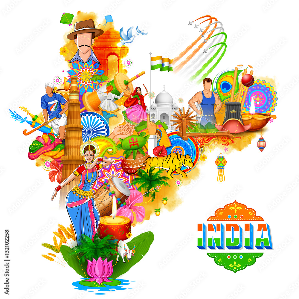 India background showing its incredible culture and diversity with  monument, dance festival Stock Vector | Adobe Stock