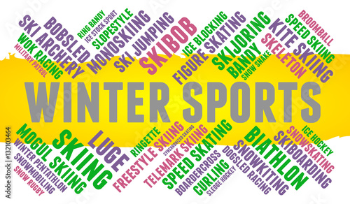 Winter sports. Word cloud, colored font, white background. Olympics.