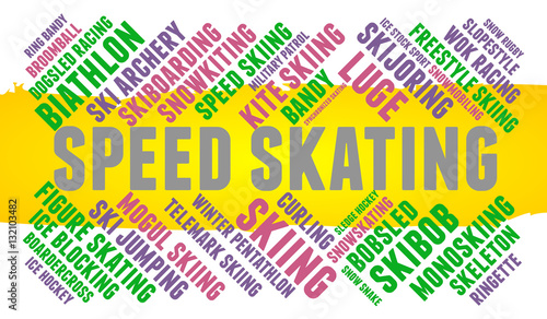 Speed skating. Word cloud, colored font, white background. Olympics.