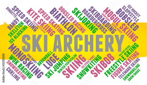 Ski archery. Word cloud, colored font, white background. Olympics.