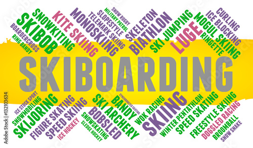 Skiboarding. Word cloud, colored font, white background. Olympics.