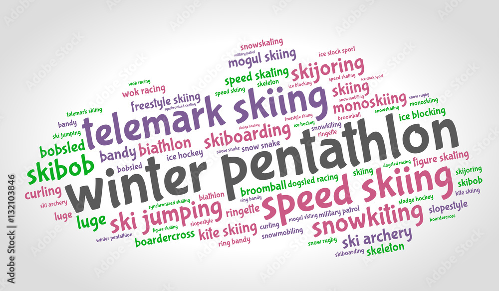 Winter pentathlon. Word cloud, colored italic font, grey gradient background. Olympics.