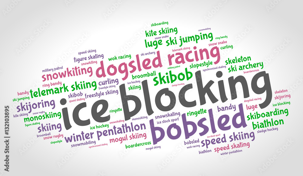 Fototapeta premium Ice blocking. Word cloud, colored italic font, grey gradient background. Olympics.