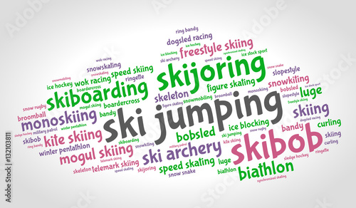 Ski jumping. Word cloud, colored italic font, grey gradient background. Olympics.