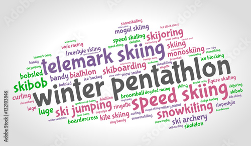 Winter pentathlon. Word cloud, colored italic font, grey gradient background. Olympics.