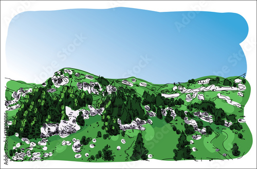 Digital vector mountain landscape painted sketch with pine trees and blue sky, transfagaras road in Romania photo