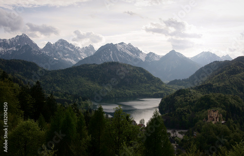 Landscape with forest, lake and mountain in background, view from Neuschwanstein castle in Bavaria, Germany