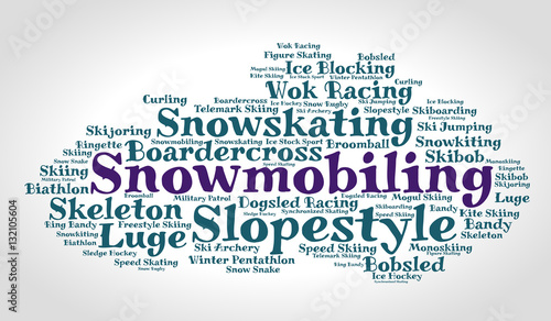 Snowmobiling. Word cloud, italic font, grey gradient background. Olympics. 