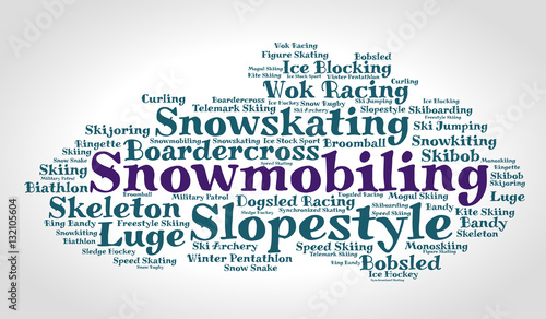 Snowmobiling. Word cloud, italic font, grey gradient background. Olympics.	