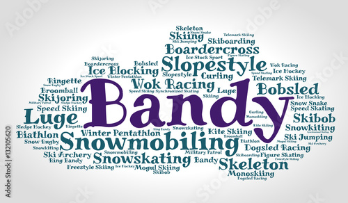 Bandy. Word cloud, italic font, grey gradient background. Olympics.