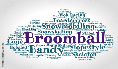 Broomball. Word cloud, italic font, grey gradient background. Olympics.