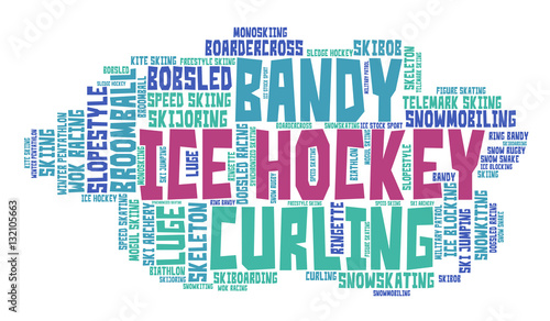 Ice hockey. Word cloud, colored font, white background. Olympics.