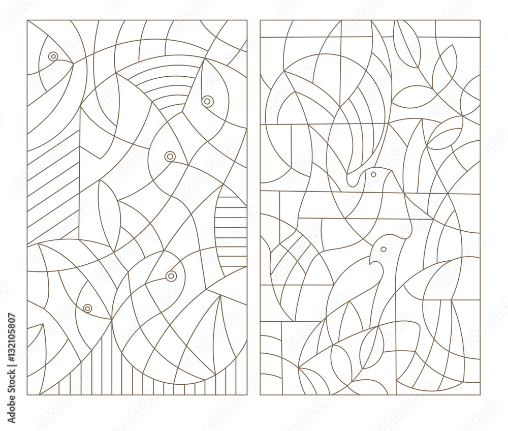 Set contour illustrations, stained glass, abstract fish and pigeons