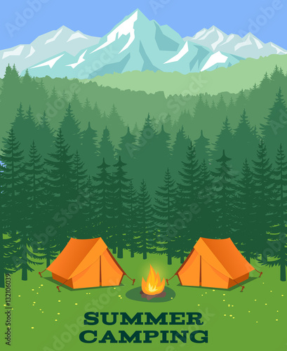 Forest camping vector illustration. Tourist tent on glade