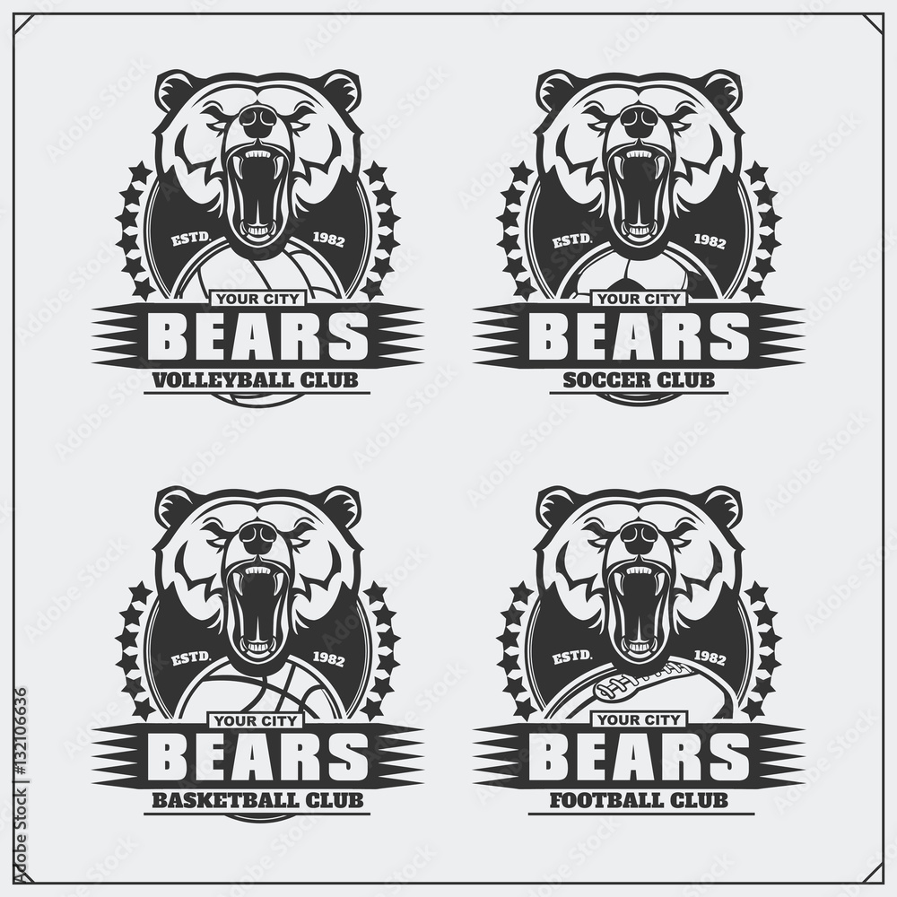Volleyball, baseball, soccer and football logos and labels. Sport club emblems with bear.