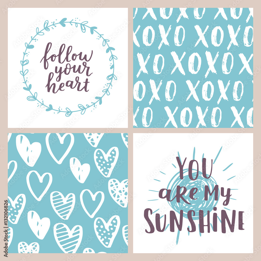 Vector set of Valentines Day greeting poster. Cute blue-white colors for your invitation design. Card collection with hand drawn elements and romantic brush lettering.
