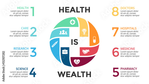 Vector plus infographic, medical diagram, healthcare graph, hospital presentation, emergency chart. Medicine doctor logo. Concept with 8 options, parts, steps, processes.
