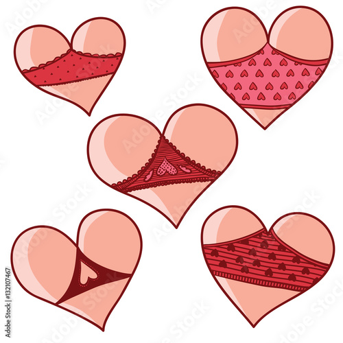 Vector set of hearts like cute asses in shorts. Valentine Day.