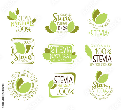 Stevia Natural Food Sweetener Additive And Sugar Substitute Set Of Green Color Logo Design Templates With Plant Leaves