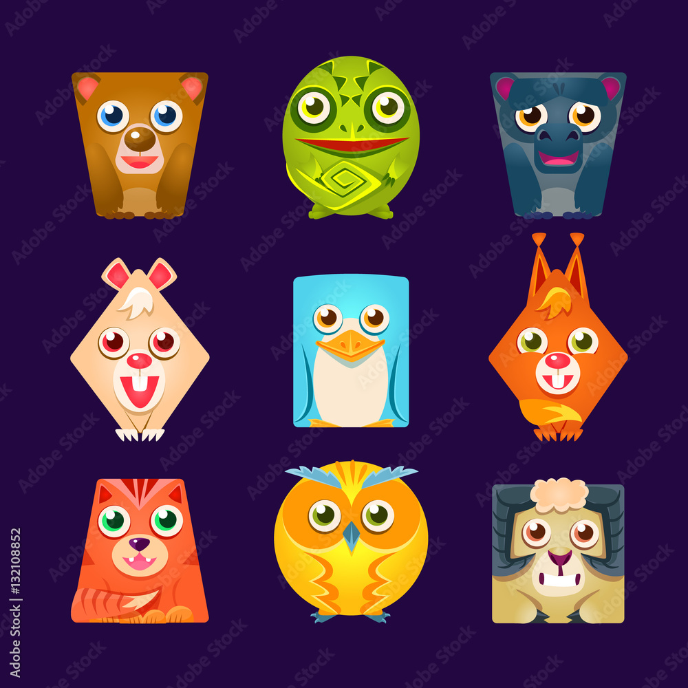 Fototapeta premium Geometric Shape Flat Cartoon Animals Set Of Colorful Cartoon Isolated Vector Stickers