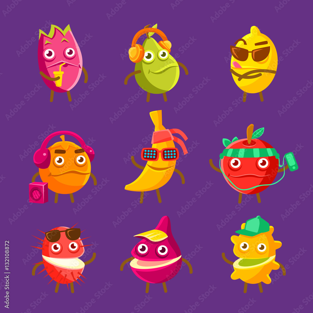 Tropical Fruit Cool Cartoon Characters On Vacation Set Of Colorful Stickers With Humanized Food Items