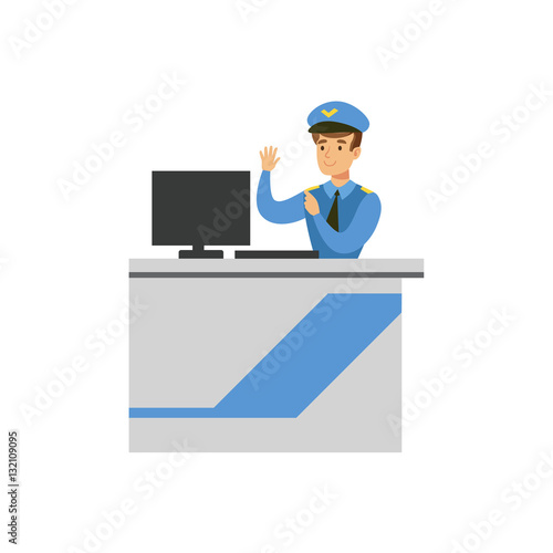Customs Officer Monitoring Luggage Security Scan, Part Of Airport And Air Travel Related Scenes Series Of Vector Illustrations