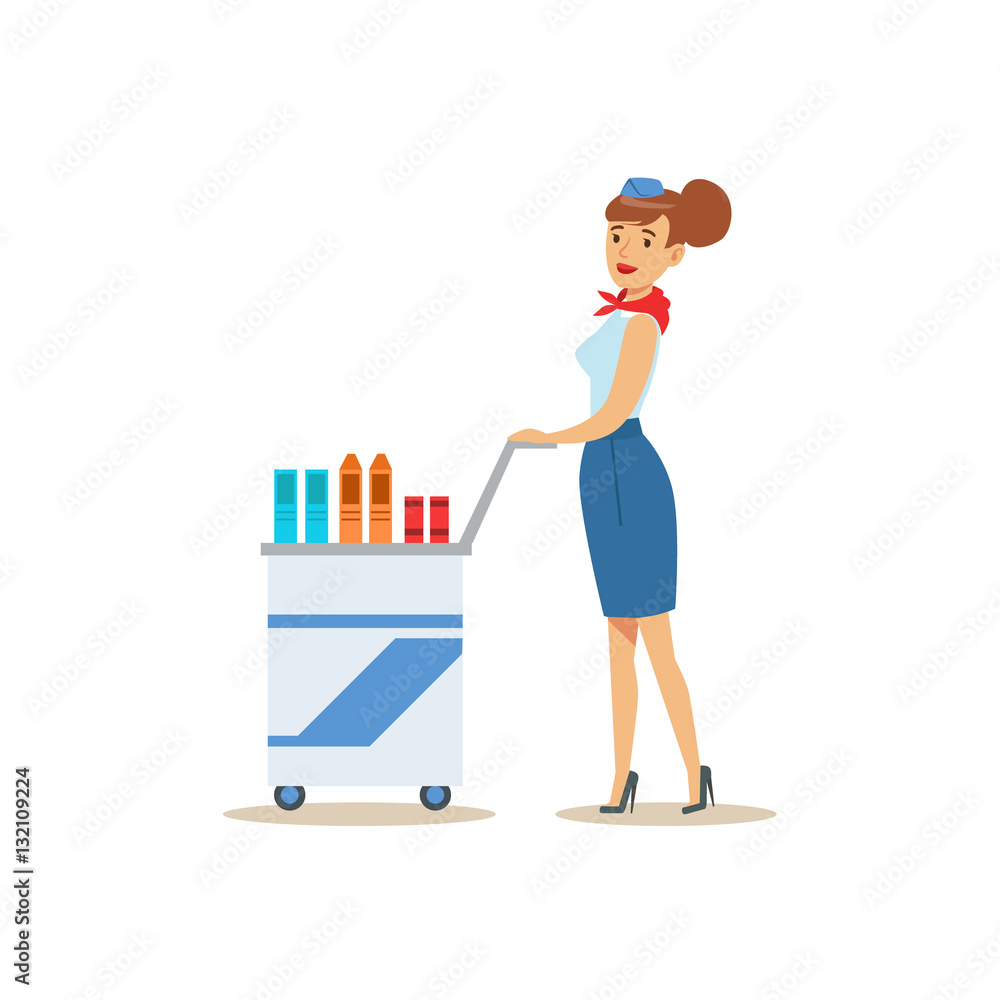 Fototapeta premium Flight Attendant With Food Cart, Part Of Airport And Air Travel Related Scenes Series Of Vector Illustrations