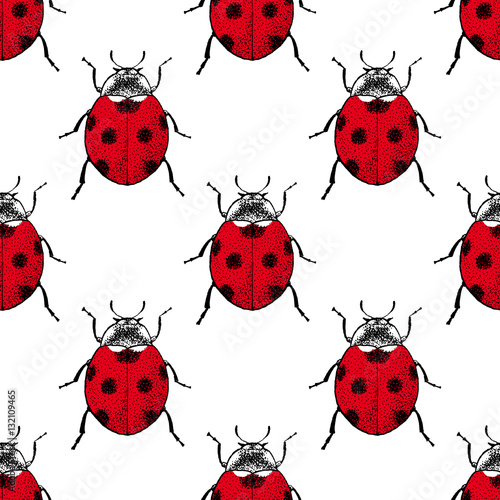 Red ladybugs beetle vintage seamless pattern