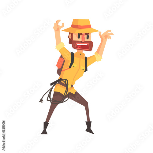 Adventurer Archeologist In Safari Outfit And Hat Intimidating Somebody Illustration From Funny Archeology Scientist Series