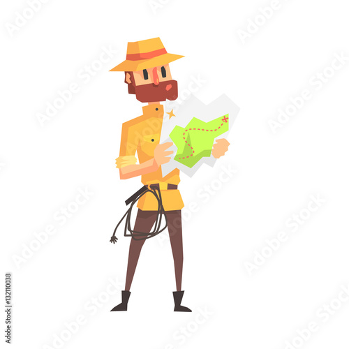 Adventurer Archeologist In Safari Outfit And Hat Studying The Map Illustration From Funny Archeology Scientist Series
