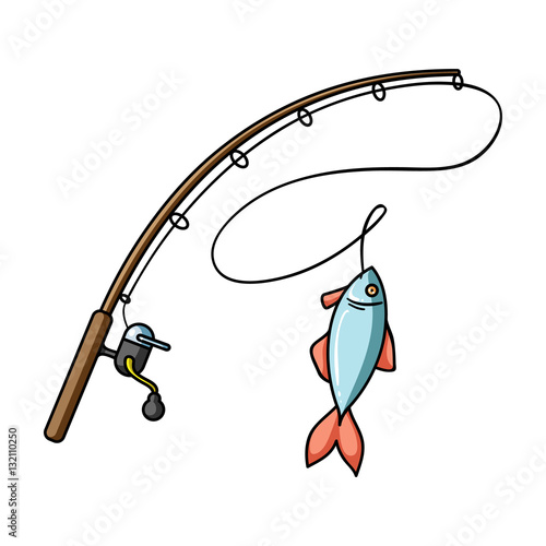 Fishing rod and fish icon in cartoon style isolated on white