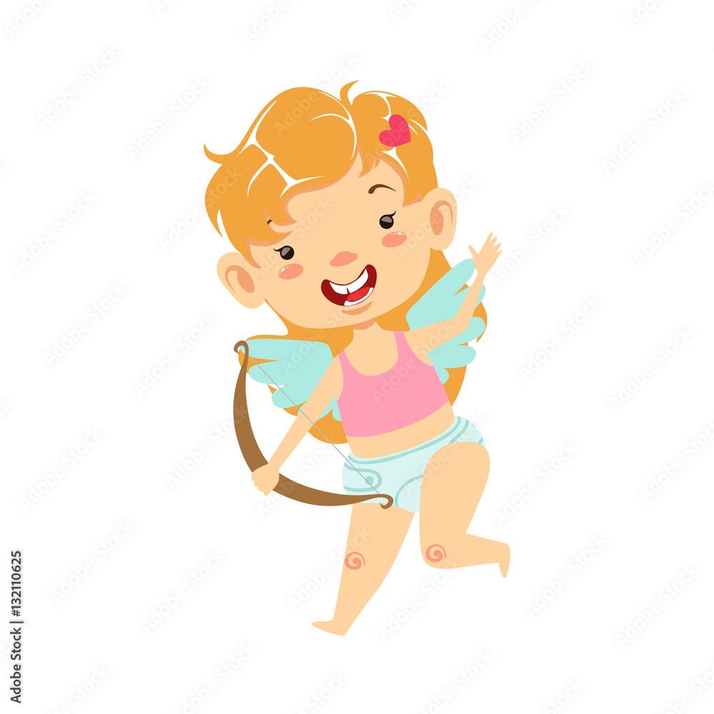 Girl Baby Cupid With Bow, Winged Toddler In Diaper Adorable Love Symbol Cartoon Character Girl Baby Cupid With Bow, Winged Toddler In Diaper Adorable Love Symbol Cartoon Character
