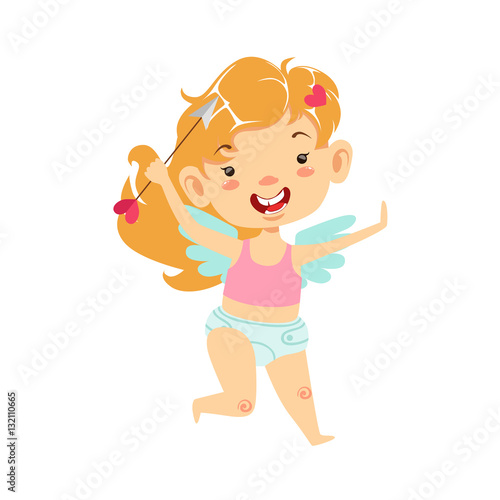 Girl Baby Cupid With Arrow, Winged Toddler In Diaper Adorable Love Symbol Cartoon Character
